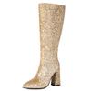 Fashion Sexy Knee High Boots Women Fashion Zipper Luxury Gold Silver Long Boot Block Heels Autumn Winter Shoes Female Large Size