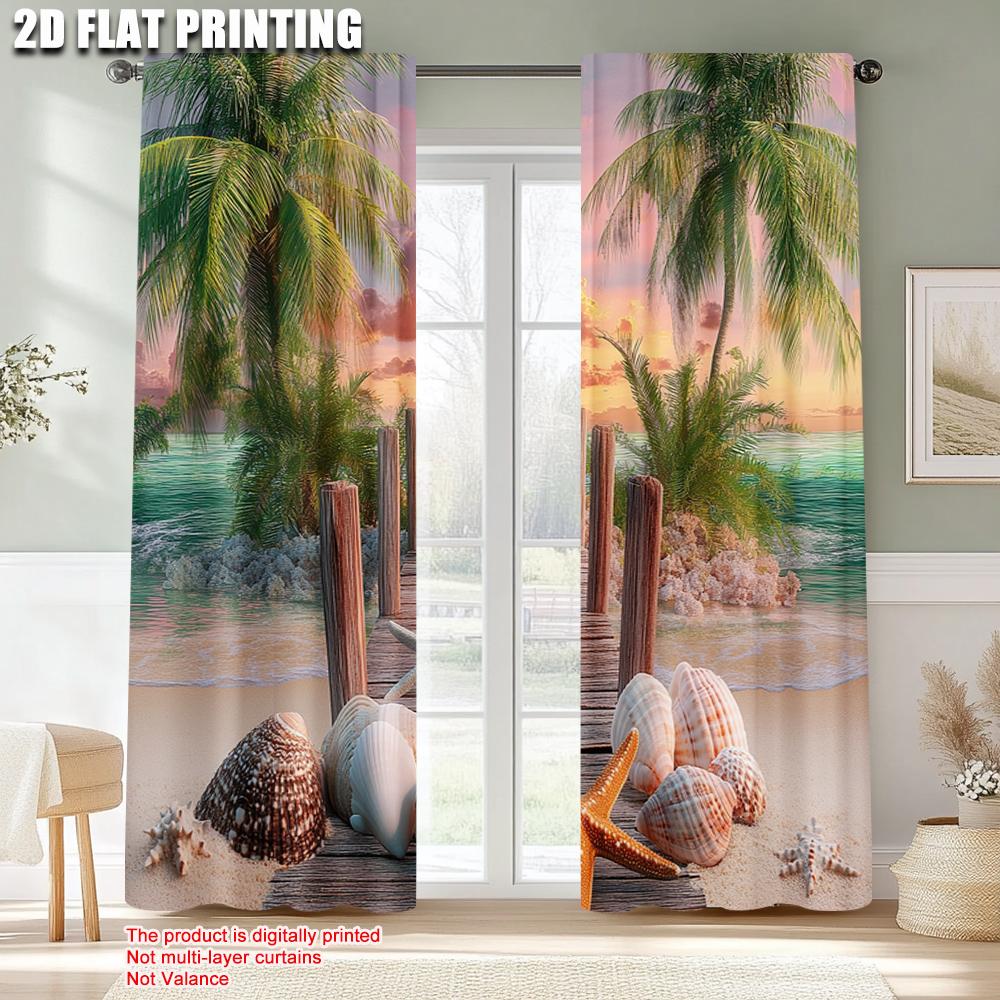 2 шт., Высококлассные шторы 2D-принт Пальма Природа Океан Закат Полиэстер Тканый (без удилища) Праздничное использование для гостиной и