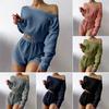Women's Summer Pajamas Two-piece Set One Shoulder Long Sleeve Short Top Elastic Waist Shorts Suit Casual Home Wear Suit