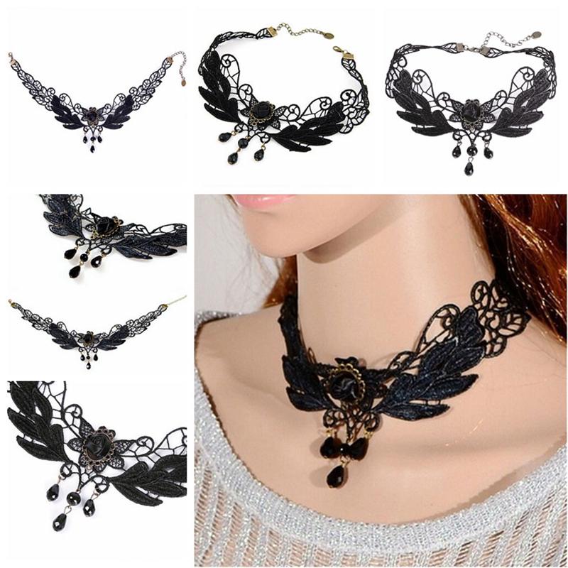 Женское ожерелье-чокер с подвеской в виде капли черной розы в стиле Лолиты