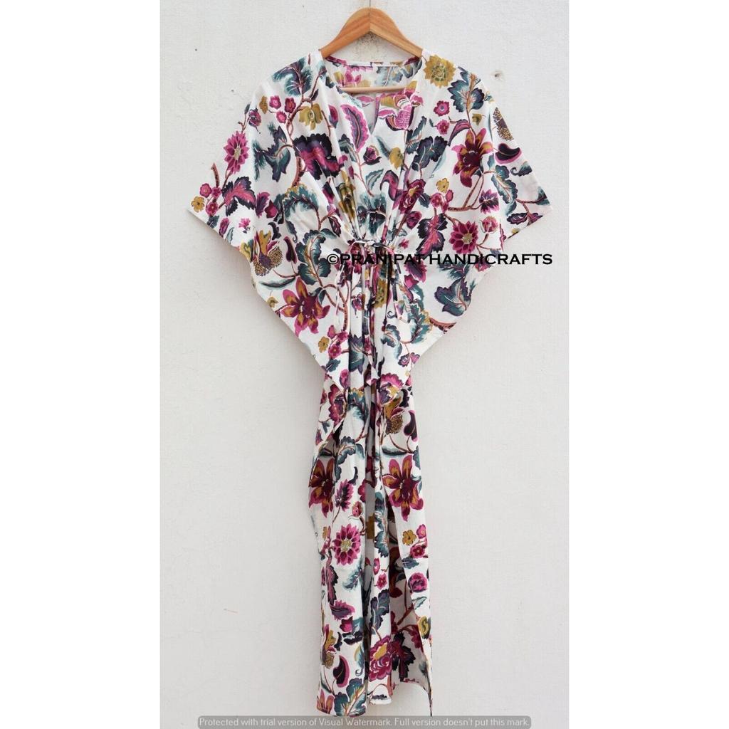 Хлопок Женский Летний Хиппи Пижамы Цветочный Принт Белый Длинный Макси Платье Кафтан CKFTN-SCRN-FULL-BUYIT-084