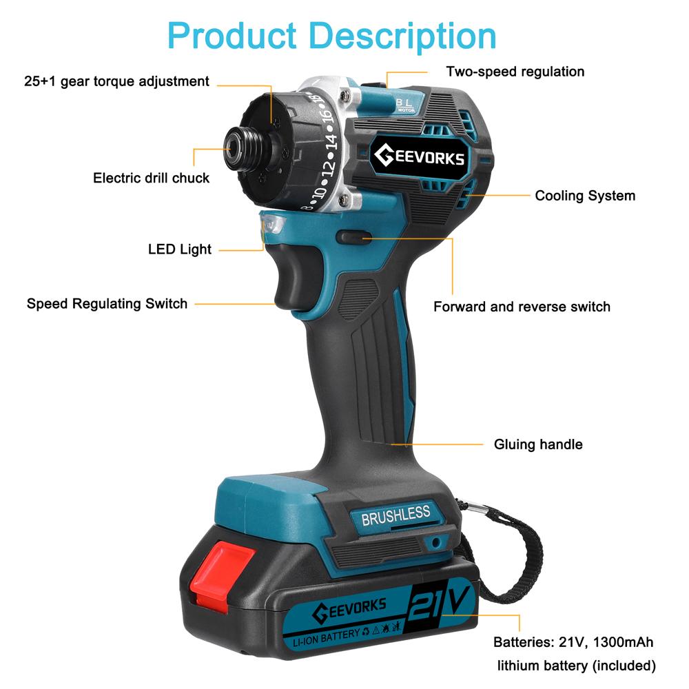 Аккумуляторная электрическая дрель Geevorks 21 В, бесщеточный двигатель, 2 скорости, режимы управления вперед и назад