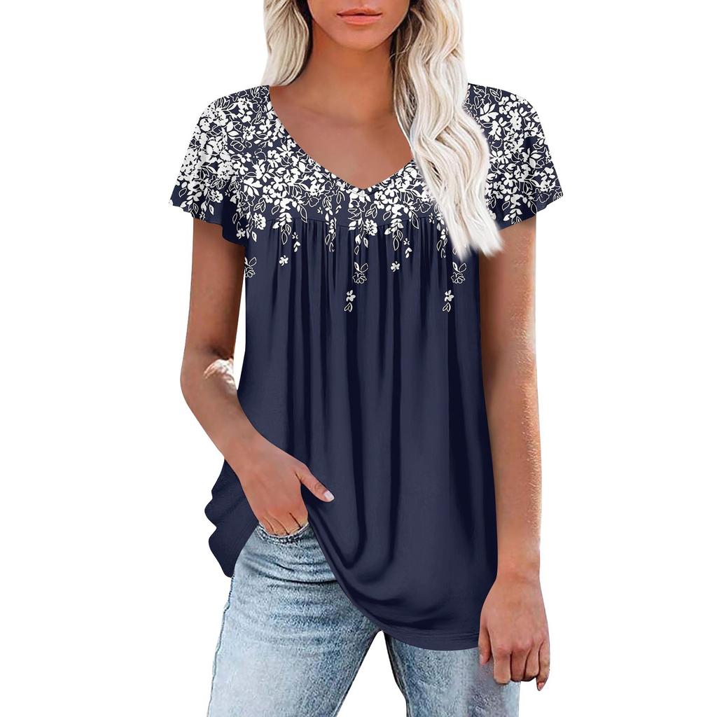 Женские туники, элегантные повседневные летние рубашки с коротким рукавом, цветочные свободные плиссированные топы в стиле бохо
