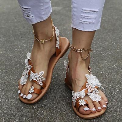 Летние новые кружевные сандалии-цветы для пляжа, женские, с закрытым носком, большого размера-4, женские сандалии на плоской подошве