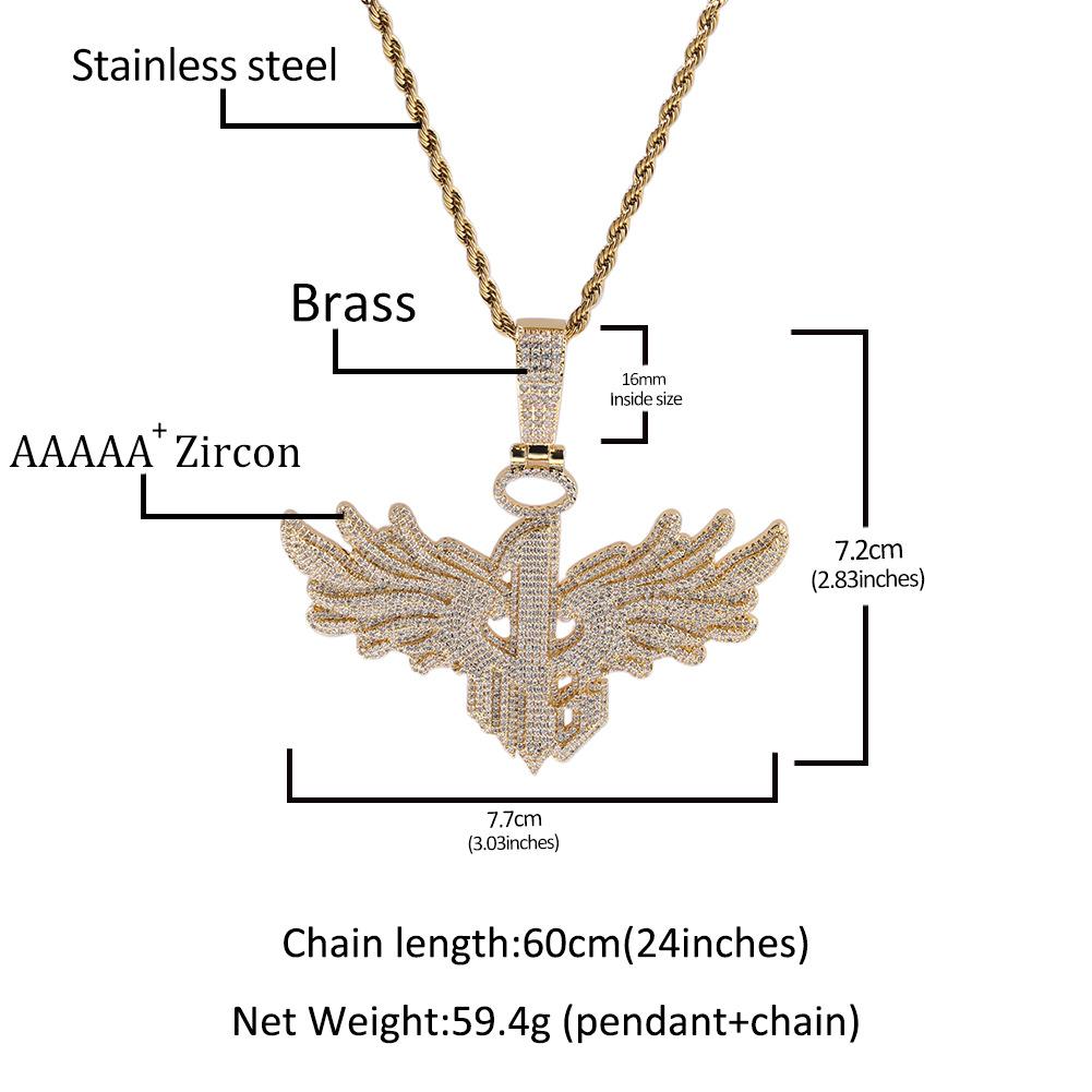 Gu Meng hip-hop digital 1 big wings pendant male personality cool copper inlaid zircon street necklace tide
