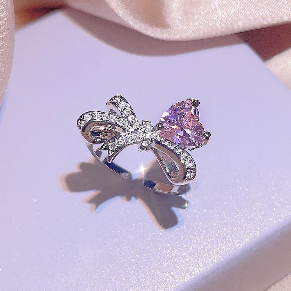 Модный розовый комплект ювелирных изделий из трех предметов с сердцем, бантом и цирконом для женщин, элегантное кольцо, ожерелье, свадебные комплекты ювелирных изделий для невест для женщин