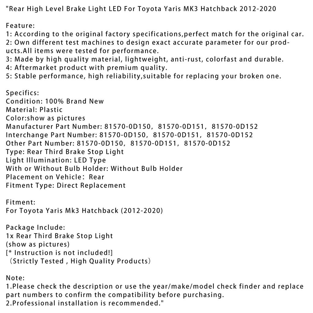 Rear High Level Brake Light LED For Toyota Yaris MK3 Hatchback 2012-2020