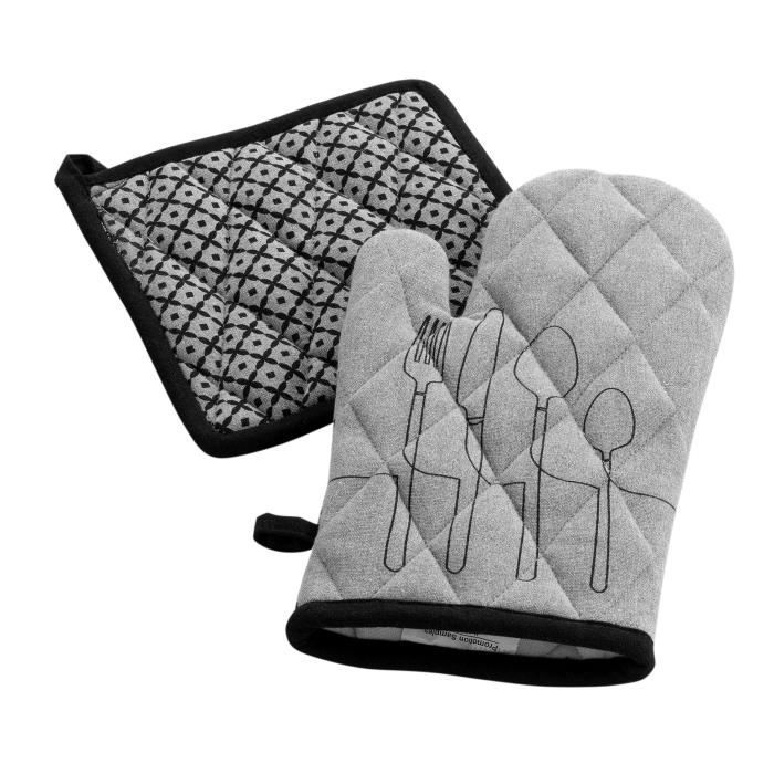 Gant et manique de cuisine - Cuisiline - Gris - 18x28 cm - 100% coton - Lavable à 40°C