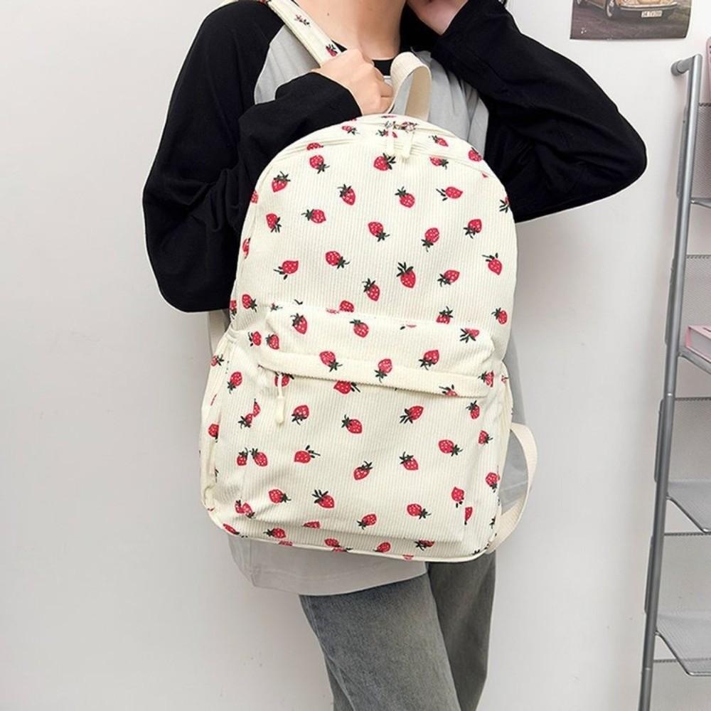 Lightweight Students School Bag Strawberry Students Daypack Storage Bag Corduroy Backpack Travel