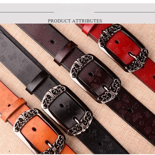 Women's Vintage Engraved Pin Buckle Genuine Cowhide Leather Belt - Versatile Casual Retro Waist Accessory