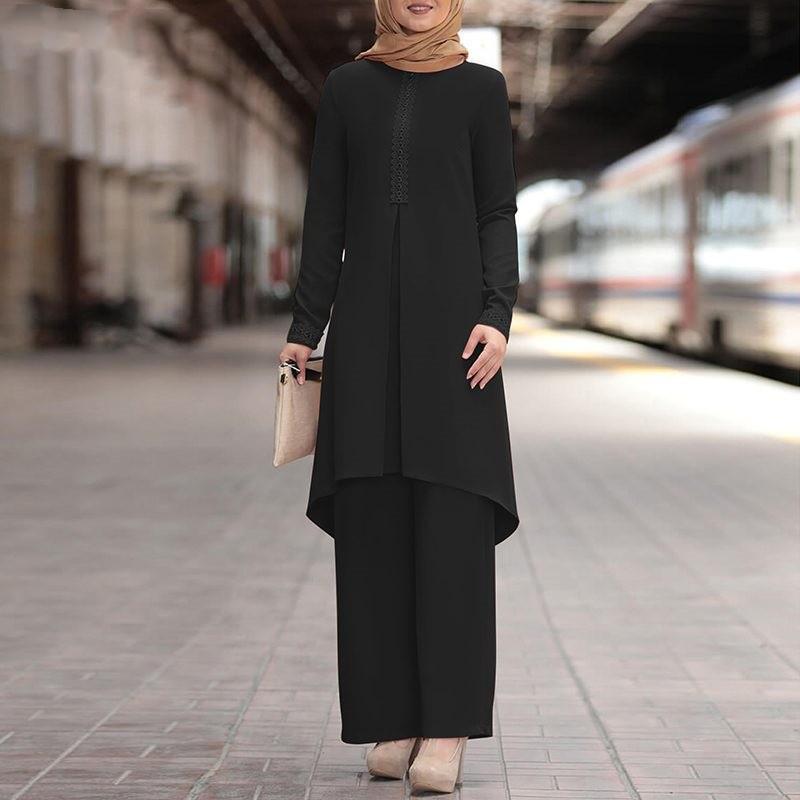 2024 Elegant Middle Eastern Muslim Women's Lace Suit with Long Sleeve Top and Wide Leg Pants for Spring and Autumn
