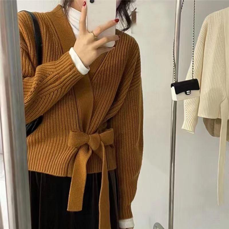 Cardigan Sweater Female Autumn Bow Tie V-Neck Knit Women Short High Waist Cardigan Sweater Coat Overlay Design Sense Sweater