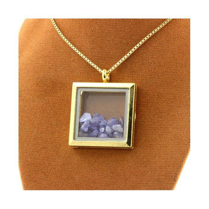 Stones and Minerals. Raw Tanzanite Necklace. Square Model. Gold Color.