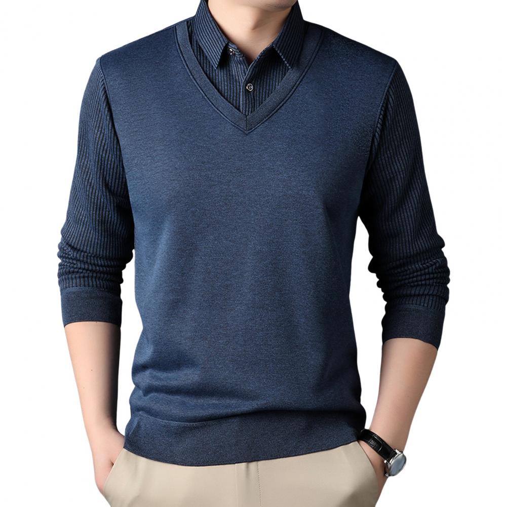 Men Sweater Fake Two-piece Shirt And Sweater Slicing Formal Business Style Turn-down Collar Long Sleeves Striped Office Autumn S
