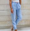 2024 New Womens Summer Elastic Waist Pocket Solid Color Cotton Linen Wide Leg Pants Loose Nine Points Pants