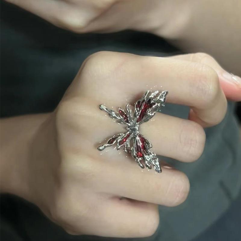 Vintage Red Butterfly Rings For Women Goth Punk Irregular Open Rings Set Y2K Halloween Accessories For Women Kpop Jewelry