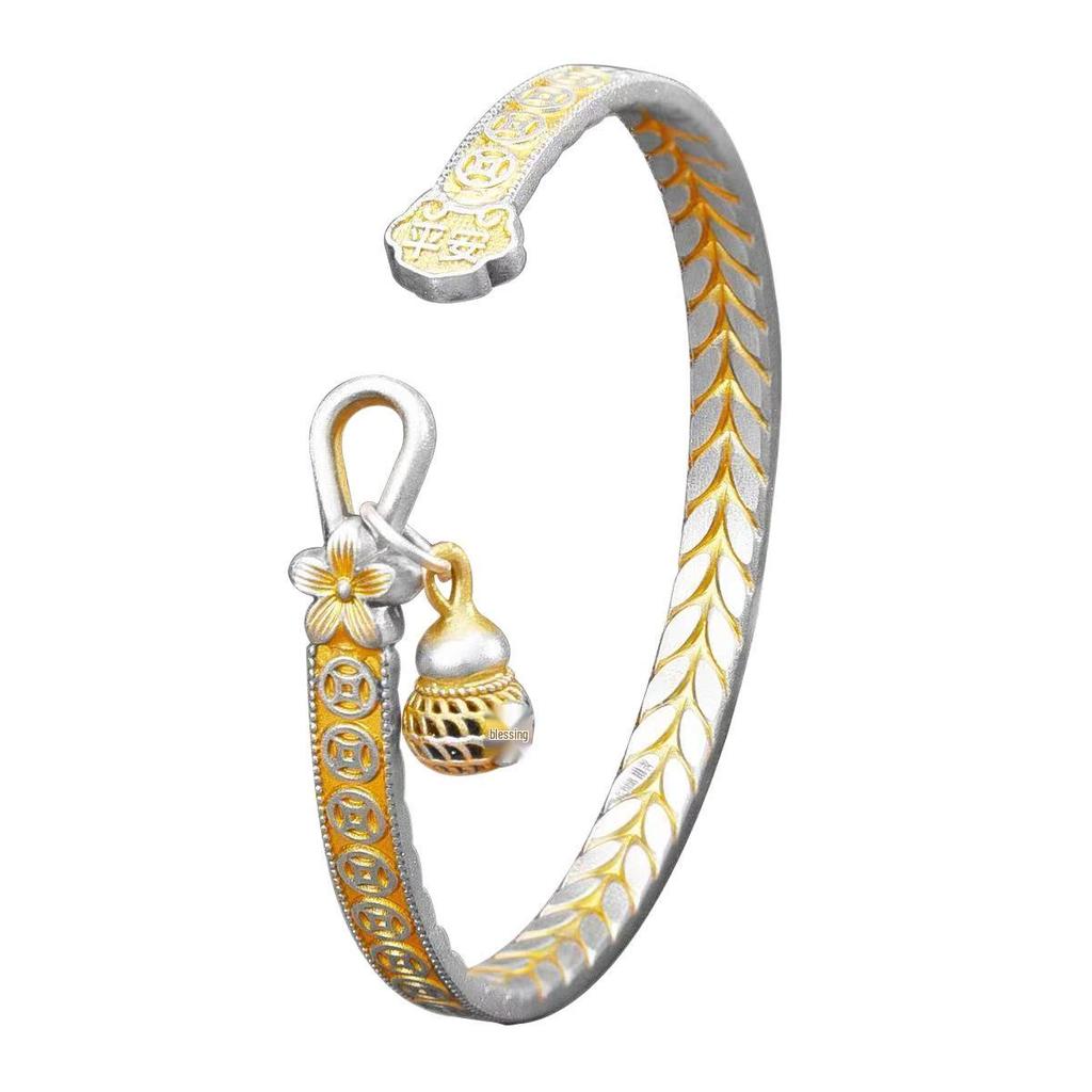 Sterling Silver Gourd Bracelet with Gold Inlay – Openable Fu Lu Design for Women, Light Luxury Gift.