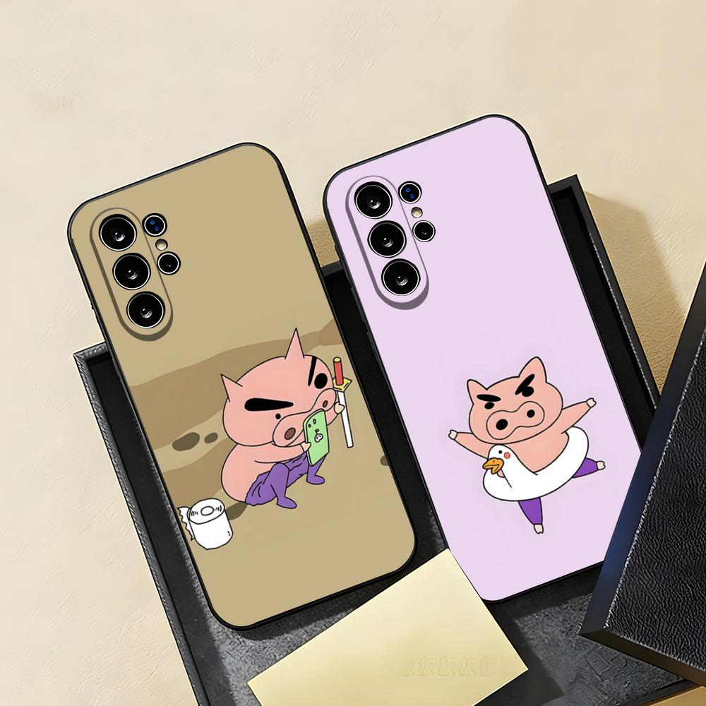Buriburizaemon Pig Phone Case For Samsung S26 S25 S24 FE S23 S22 S21 Plus S20 Ultra Note20Ultra Black Soft Shell