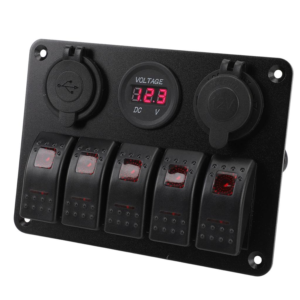 Switch Panel DC 12 to 24V 5 Gang Aluminum Alloy IP65 Water Resistant Prewired Rocker Switch Panel with Dual USB Cigar