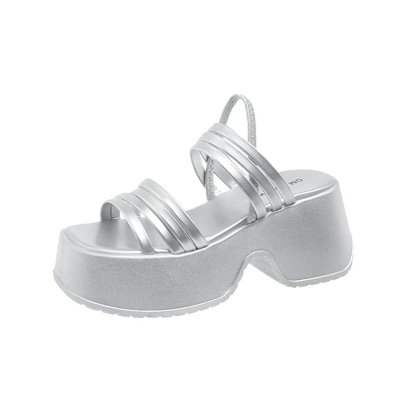 Fashion Silver Wedge Sandals Women Platform Shoes Black Belt High Heels Gladiator Chunky Heeled Sandals Summer Wedges Zapatos De Mujer