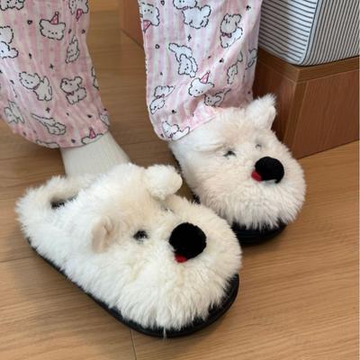 Модные зимние женские хлопковые тапочки, мультяшные, с собакой, для пары, нескользящие, теплые, для дома, плюшевые, пушистые, удобные, тапочки для пола