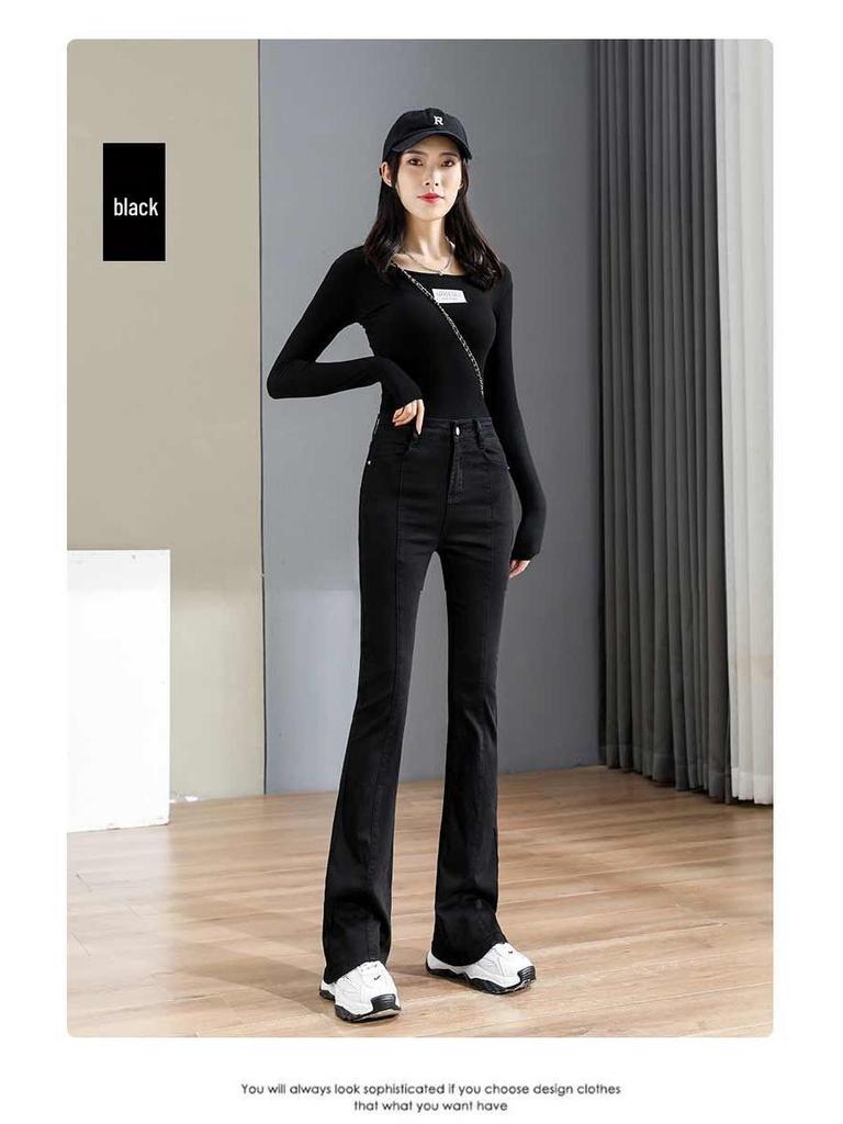 Женские джинсы скинни с микро-клешем и высокой посадкой - Весенне-осенняя мода, стрейч, сине-серые, на флисовой подкладке.