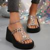 New Thick-soled High-heeled Rhinestone Transparent One-word Cool Slippers Women's Slope Heel Beach Slippers