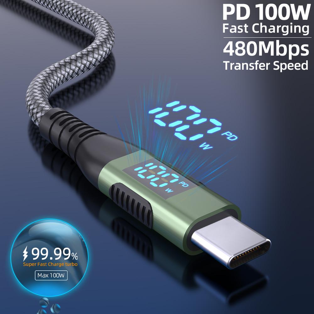 Кабель USB C - USB C мощностью 100 Вт, Type C PD 5A, быстрая зарядка для светодиодного дисплея, нейлоновая оплетка, зарядный шнур для iPhone 16 15, MacBook, iPad
