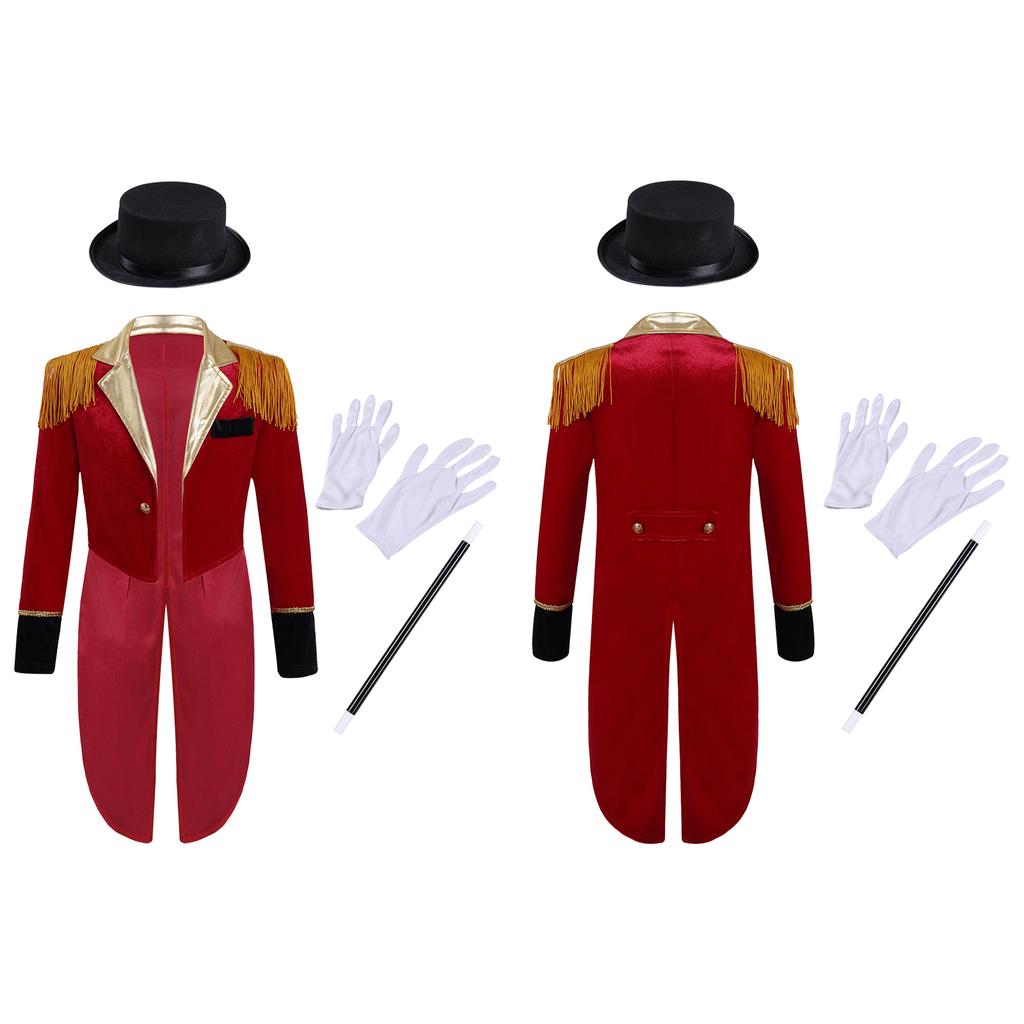 Boys Circus Master Costume Complete Set: Tassel Shoulder Tailcoat with Matching Hat & Magic Accessories for Show & Play