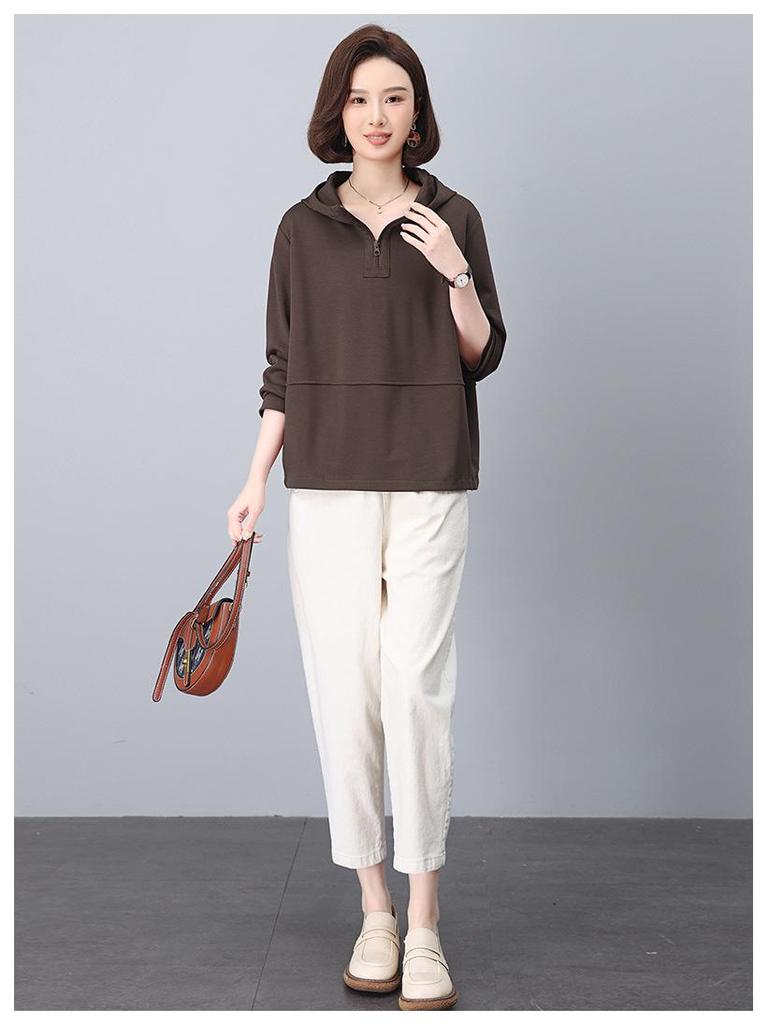 Trendy Hooded Sweatshirt for Middle-Aged Women - Spring/Autumn Patchwork Loose Fit, Plus Size, Long-Sleeve Top