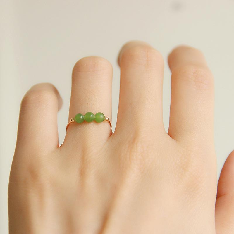 Chinese Jade Round Bead Index Finger Ring Guochao Ethnic Style Retro Gold Three Hetian Jade Ring With Adjustable Opening