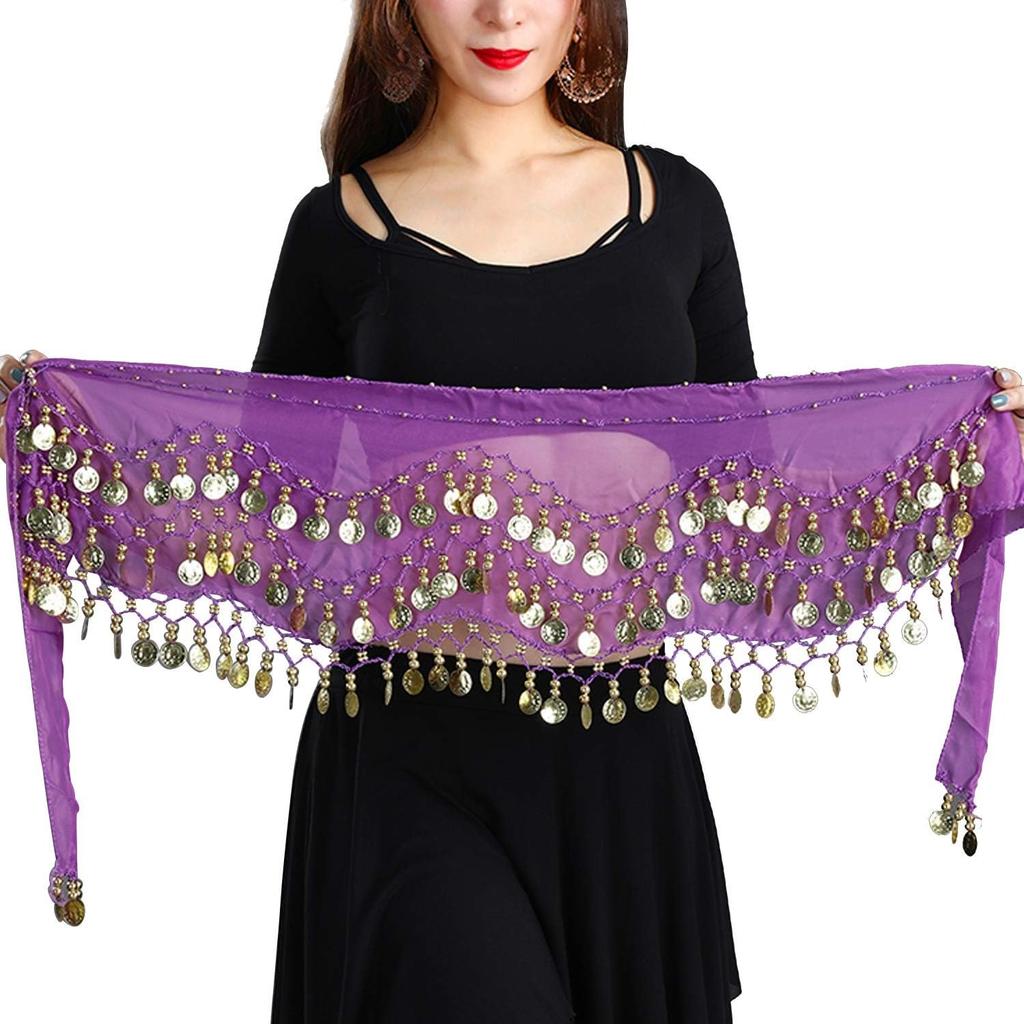 Belly Dance Hip Scarf, Women's Chiffon Belly Dancing Scarf with 128 Coins for Yoga Class