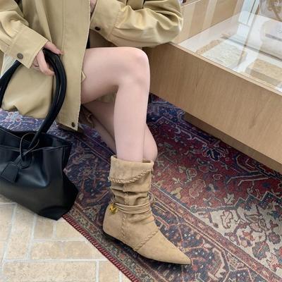 Женские сапоги-рыцари средней длины из замши на танкетке, увеличивающие рост, с острым носком, узкие, осень-зима 2025, в стиле вестерн, ковбойские, с мехом