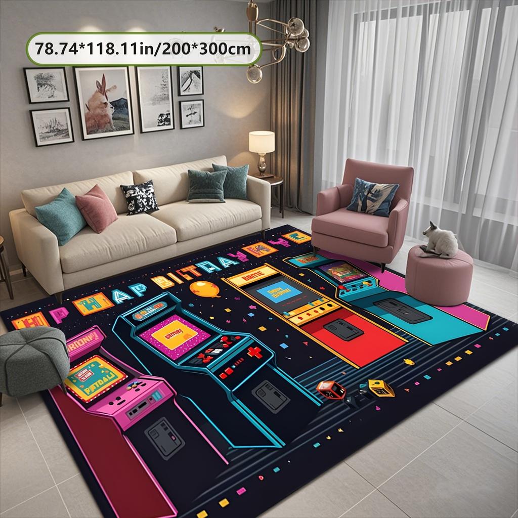 Яркий узор аркадной игры Коврик для зоны Полиэфирное волокно Нескользящая основа Машинная стирка Гостиная Спальня Офис