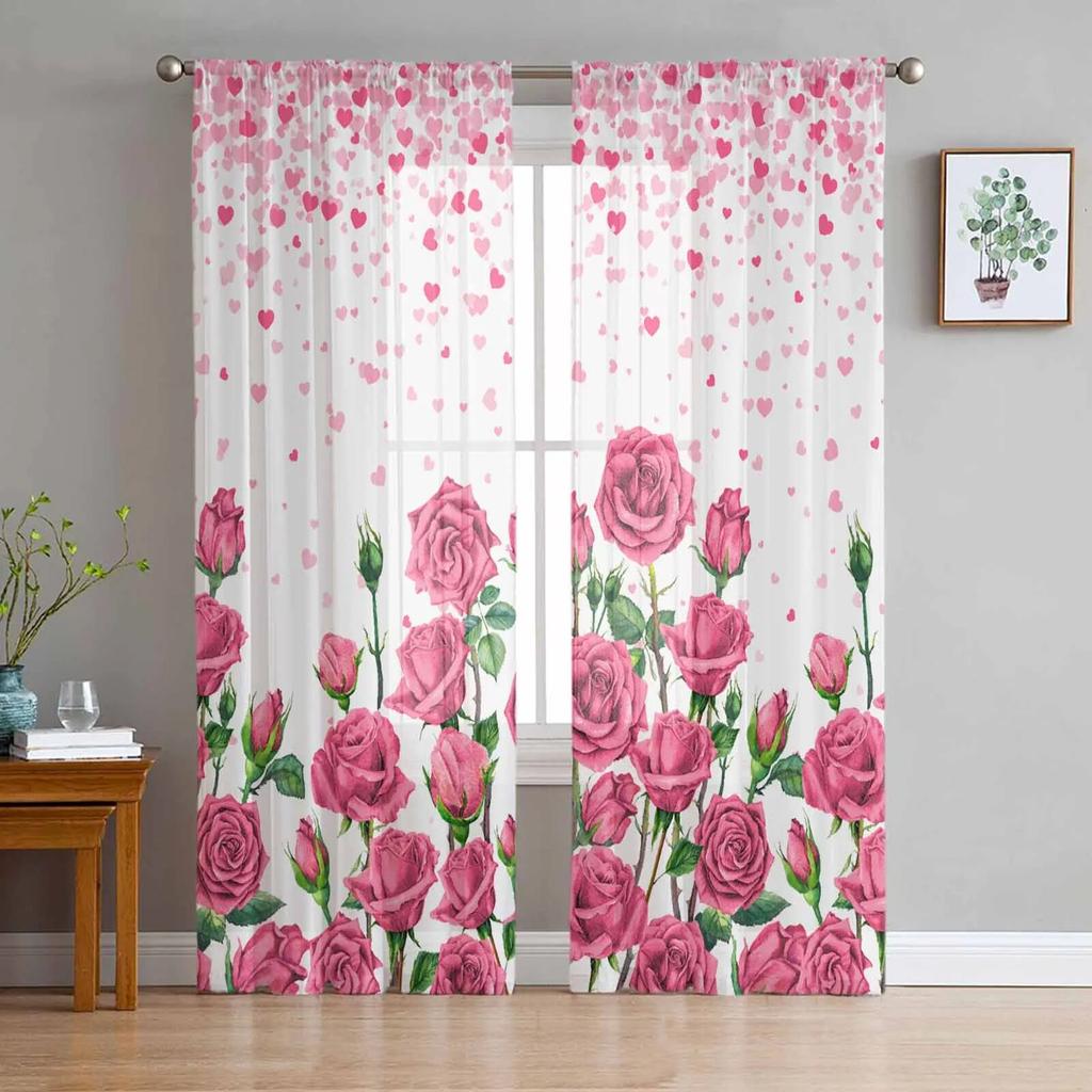 Pink Rose Romantic Luxury Tulle Curtains Modern Living Room Kitchen Chiffon Curtain Bedroom Sheer Valance Curtain