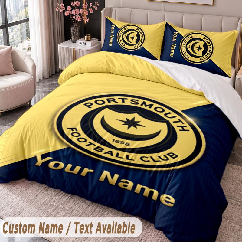 Portsmouth FC Printed Bedding Set Custom Name Text 1 Duvet Cover 2 Pillowcases For Bedroom