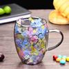 Кружка для кофе из стекла с двойными стенками и ручкой, высокоборосиликатная, термостойкая, с красочным дизайном лепестков, для горячего