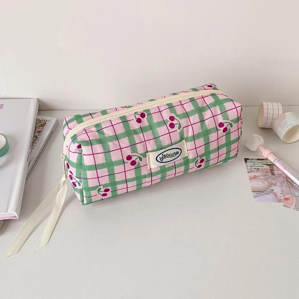 Large Capacity Korean Pencil Bag Checkered Cartoon Cherry Makeup Bag Office Supplies
