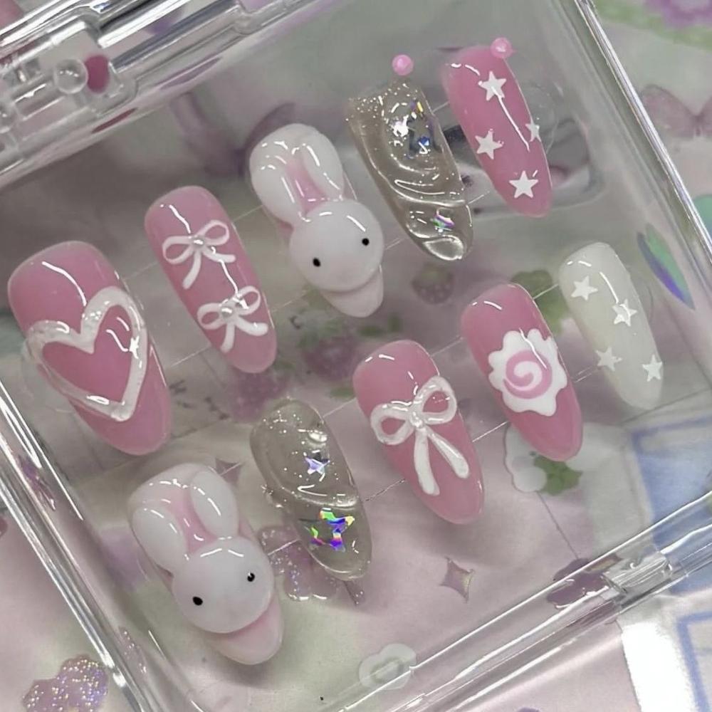 Sweet Cute Cartoon Cat Dog Bear Handmade Short Square Ruond Removable Fake Nails Bowknot Bread Cookie Stars Press On Nails
