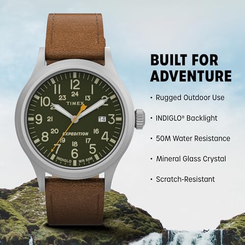 (Таймекс) Часы Timex Expedition Scout мужские, 40 мм, серебристый корпус, зеленый циферблат, коричневый кожаный ремешок, размер 40