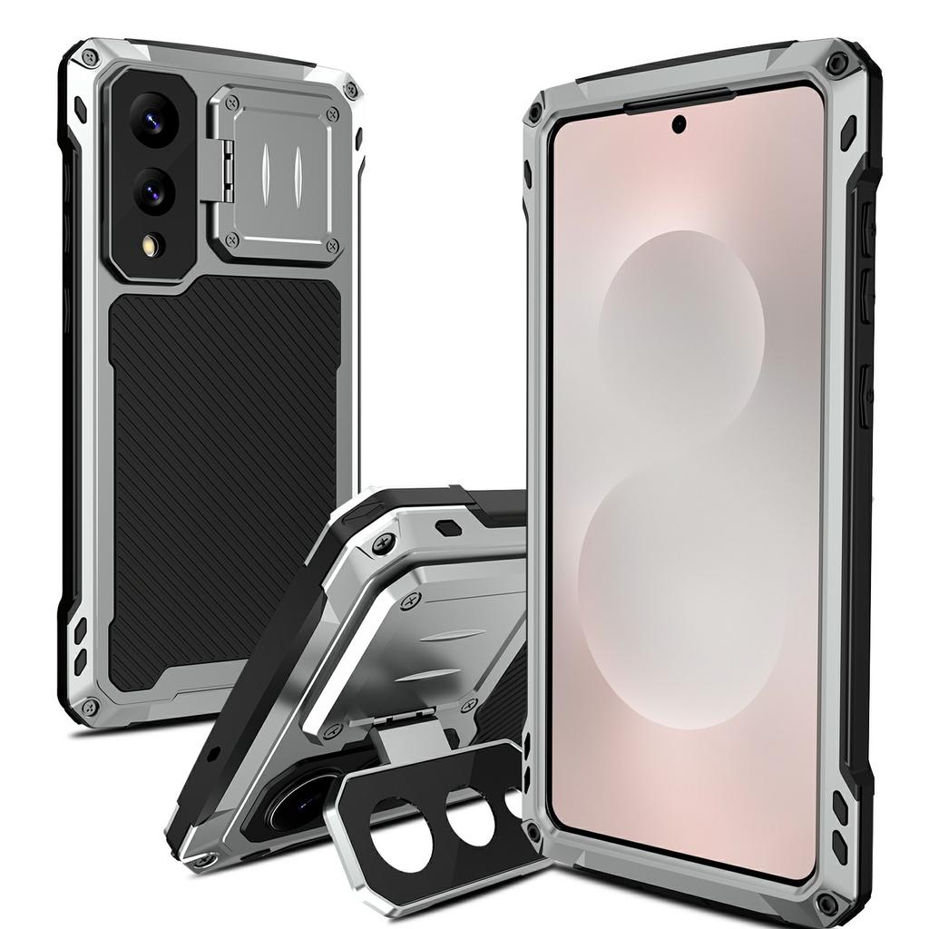 For Samsung Galaxy S25 Edge Case Aluminum Alloy+Silicone Lens Kickstand Phone Cover with Tempered Glass Film