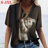 S-5XL Plus Size Tops Fashion Women's T-shirt Cat Printed Short Sleeve Female Tees V-neck Tops Women Clothing Pullover
