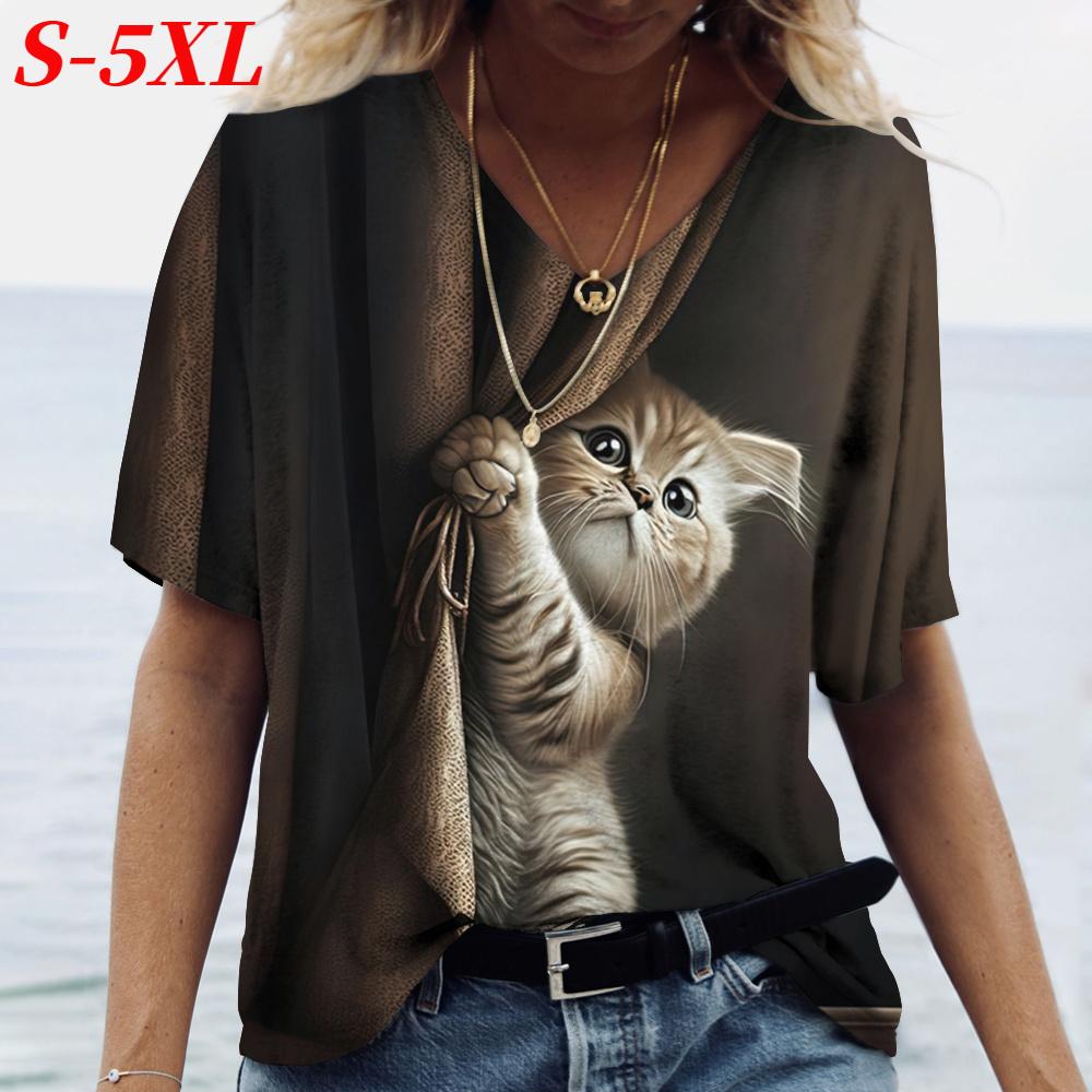 S-5XL Большие размеры Топы Модные женские футболки с принтом кота Короткие рукава Женские футболки с V-образным вырезом Топы Женская одежда Пуловер