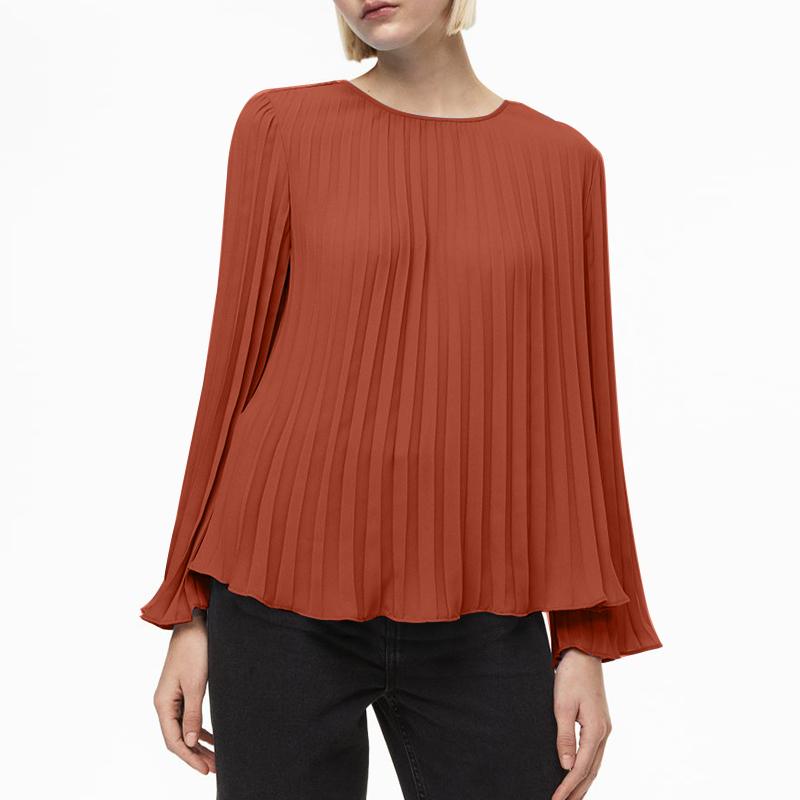 ZANZEA Женская повседневная блузка с круглым вырезом и длинным рукавом в складку