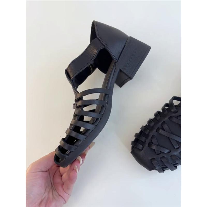 Sheepskin version~ niche retro woven open-toed outer wear summer Roman sandals women's leather thick heel with sandals