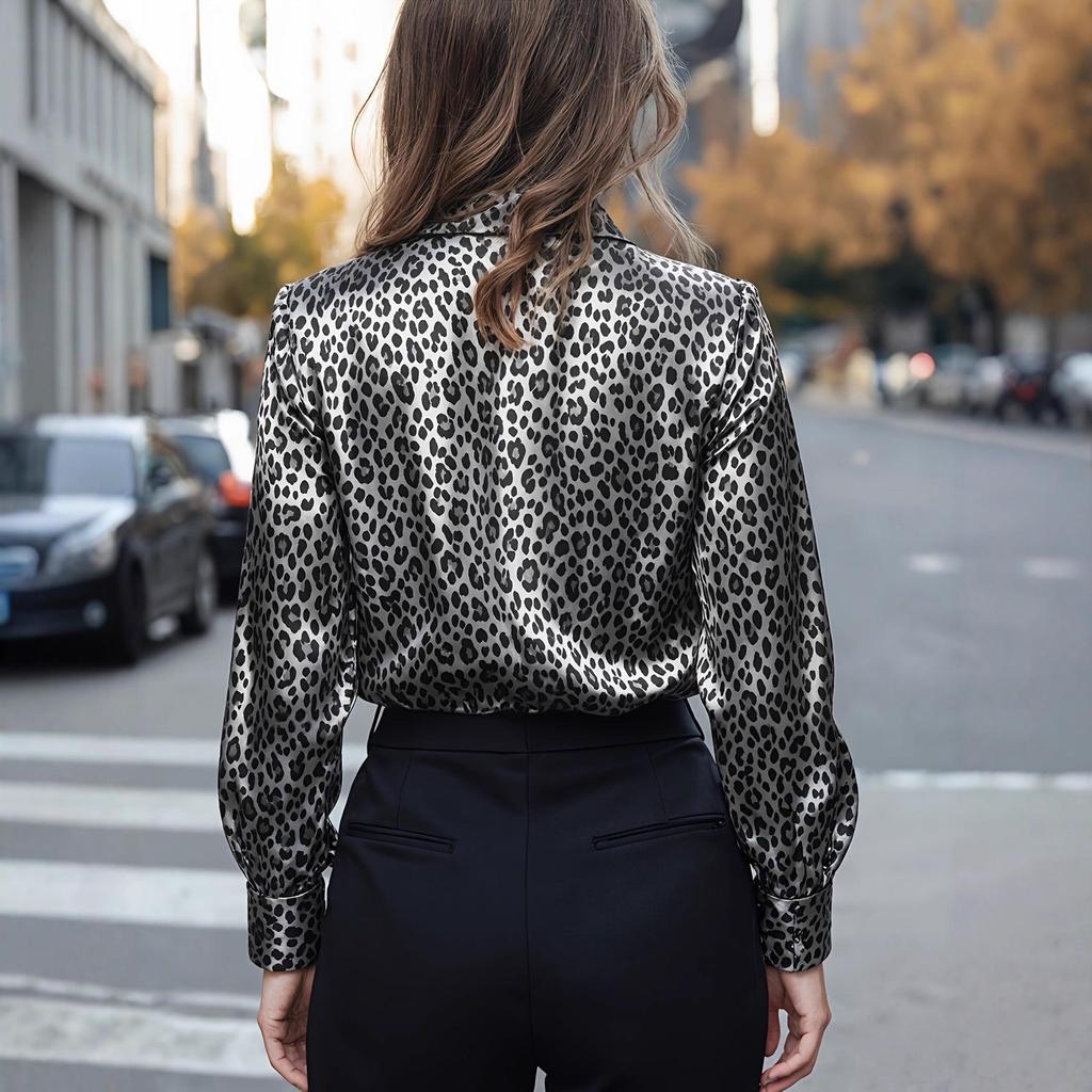 Женская весенняя 2026 года европейская и американская шелковая приталенная рубашка с длинным рукавом и леопардовым принтом