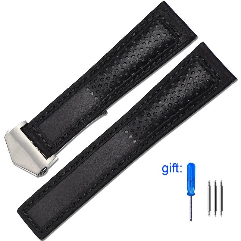Genuine Leather Watch Band For Tag Heuer Carrera Diving Monaco F1 Series Breathable Black Watch Chain 22mm Men Watch Straps