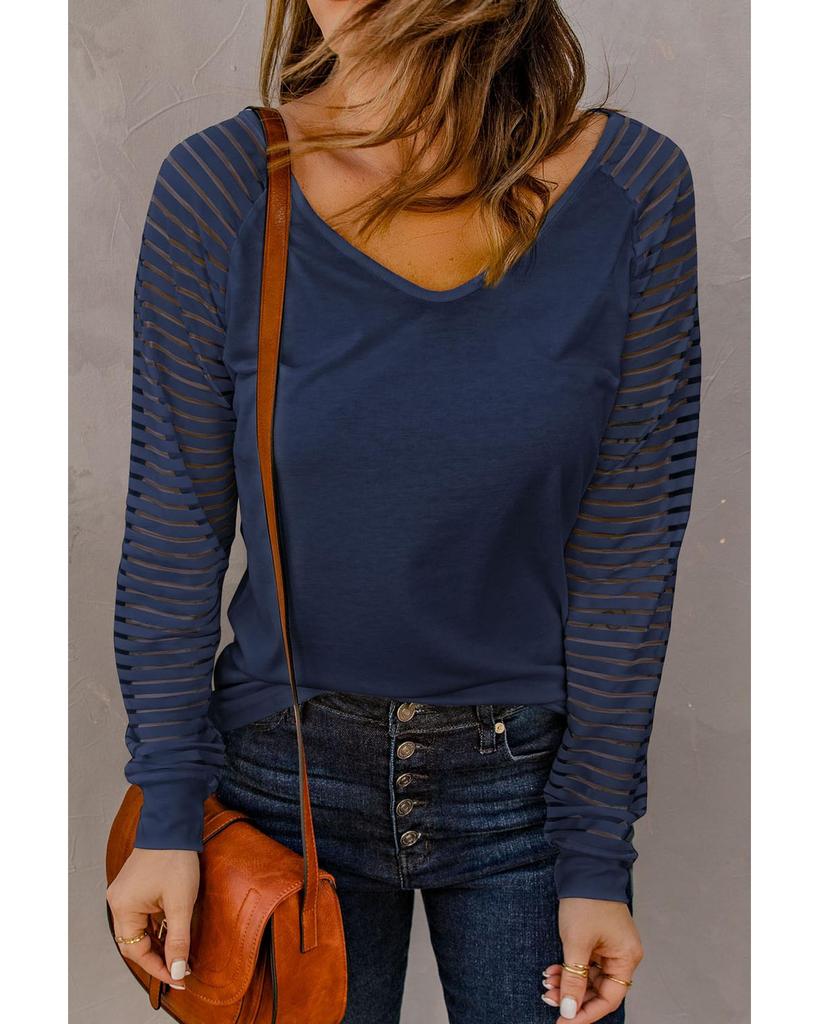 Azura Exchange Blue Sheer Stripe V-Neck Top