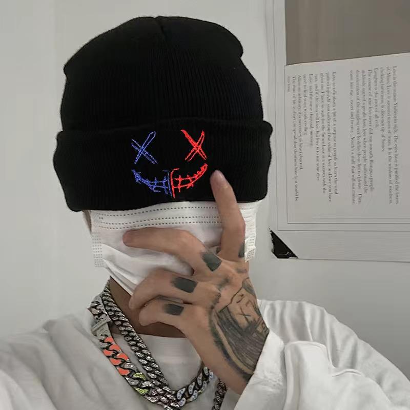 Шапка-бини с грустным лицом и вышивкой, женская осенне-зимняя вязаная шапка Skullies, теплая лыжная кепка в стиле хип-хоп, повседневная однотонная уличная шапка