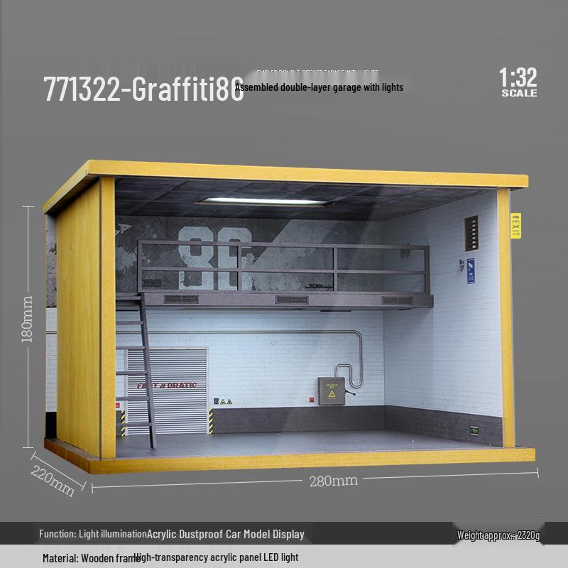 1:Деревянная модель гаража масштаба 32 с подсветкой и акриловым пылезащитным чехлом